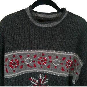 Woolrich Womens XL‎ Sweater Wool Onyx Heather Red Gray Nordic Snowflake Winter